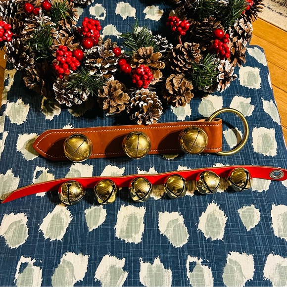 Belsnickle Brass Bell Pair on Leather Straps — 17” & 14” Like New Holiday Decor - Picture 4 of 7